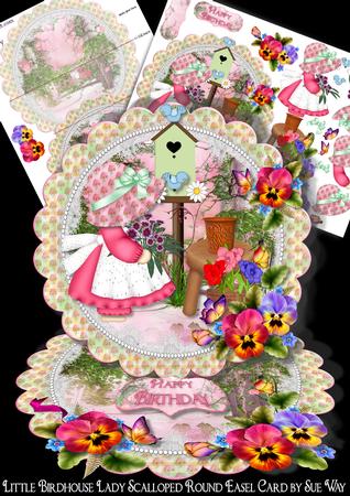 Little Birdhouse Lady Scalloped Round Easel Card