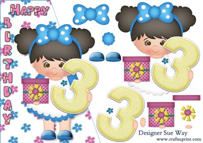 Happy Birthday Girl Age Three Card Front and Decoupage