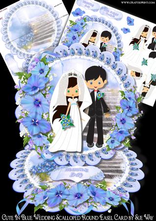 Cute in Blue Wedding Scalloped Round Easel Card