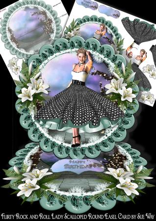 Flirty Rock and Roll Lady Scalloped Round Easel Card