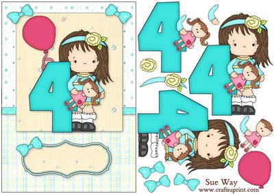 Girls Fourth Birthday Party Card Front and Decoupage
