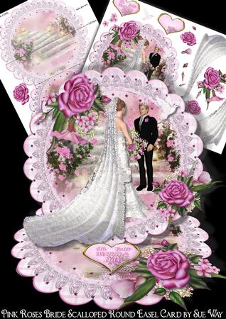 Pink Roses Bride and Groom Scalloped Round Easel Card