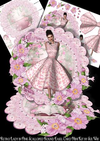Retro Lady in Pink Scalloped Round Easel Card