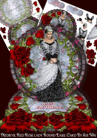Medievil Red Rose Lady Round Easel Card Mini Kit