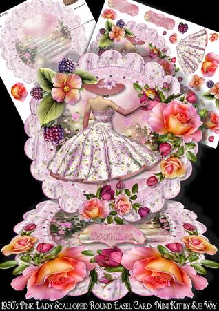 1950's Pink Lady Scalloped Round Easel Card