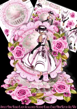 Sweet Pink Roses Lady Scalloped Round Easel Card