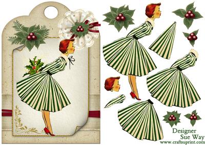 Vintage Lady Christmas Kisses Tag Shaped Topper