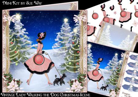 Vintage Lady Walking the Dog Christmas Scene Mini Kit