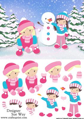Fun in the Snow Girls Card Front and Decoupage