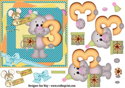 Mouse Age 3 Birthday Topper Card