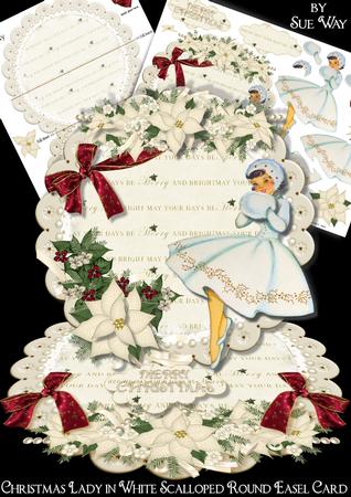 Christmas Lady in White Scalloped Round Easel Card