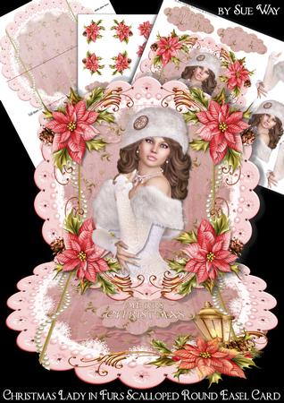 Christmas Lady in Furs Scalloped Round Easel Card