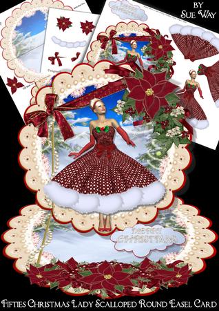 Fifties Christmas Lady Scalloped Round Easel Card