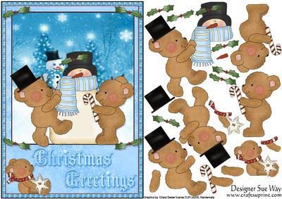 Christmas Bears Building a Snowman Card Front & Decoupage