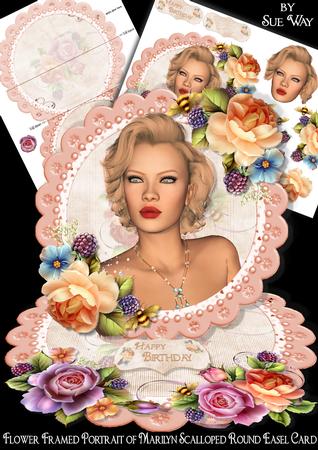 Flower Framed Portrait of Marilyn Scalloped Round Easel Card