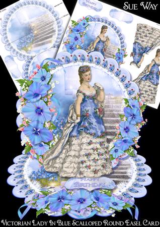 Victorian Lady in Blue Scalloped Round Easel Card