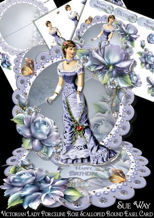 Victorian Lady Porceline Rose Scalloped Round Easel Card