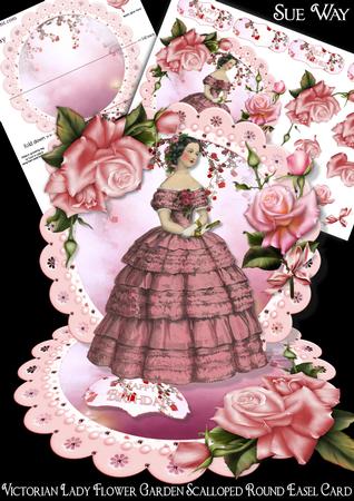 Victorian Lady Flower Garden Scalloped Round Easel Card
