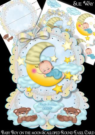 Baby Boy on the Moon Scalloped Round Easel Card