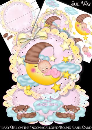 Baby Girl on the Moon Scalloped Round Easel Card
