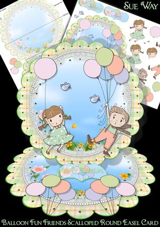 Balloon Fun Friends Scalloped Round Easel Card