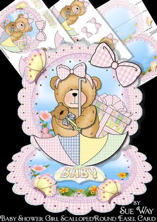 Baby Shower Girl Scalloped Round Easel Card