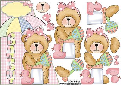 Baby Shower Girl Bear with Word Card Front and Decoupage