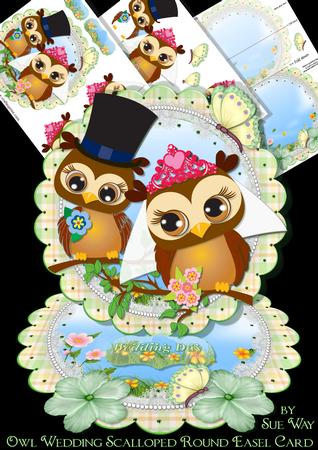 Owl Wedding Bride and Groom Scalloped Round Easel Card