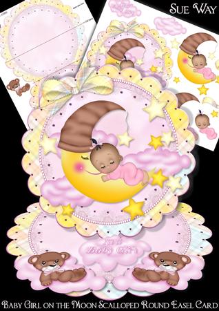 Baby Girl on the Moon Dark Skin Scalloped Round Easel Card