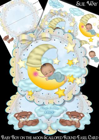 Baby Boy on the Moon Dark Skin Scalloped Round Easel Card