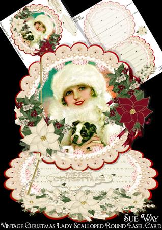 Vintage Christmas Lady Scalloped Round Easel Card Mini Kit