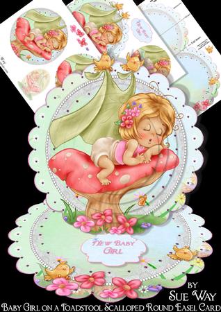 Baby Girl on a Toadstool Scalloped Round Easel Card