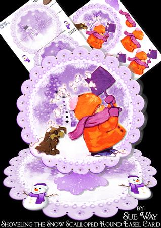 Shoveling the Snow Scalloped Round Easel Card