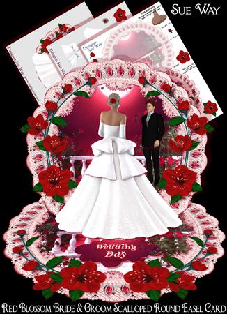 Red Blossom Bride & Groom Scalloped Round Easel Card Kit