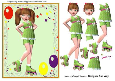 Cute Girl Roller Skating A4 Card Front Decoupage