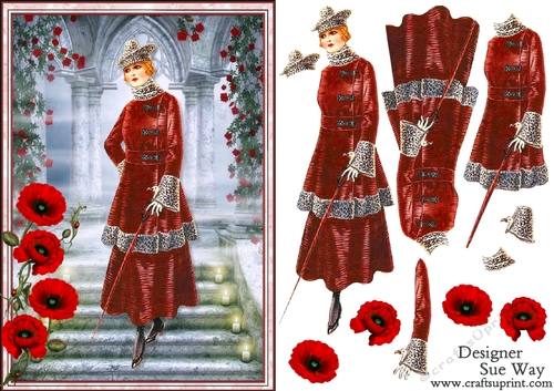 1920s Elegant Poppy Fashion Lady Card Front & Decoupage