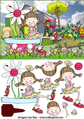 Flower Pot Girl  in the Garden Card Front and Decoupage