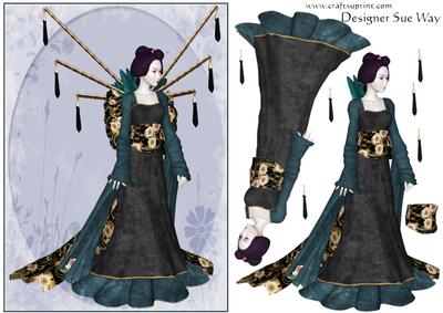 Teal Geisha Decoupage A5 Card Front