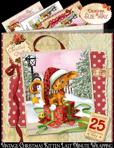 Vintage Christmas Kitten Last Minute Wrapping Mini Kit