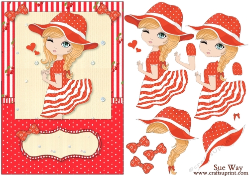 Cherry Red Love Heart Girl Card Front & Decoupage