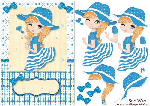 True Blue Love Heart Girl Card Front & Decoupage