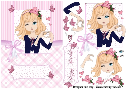 Pink Love Heart Girl Card Front & Decoupage