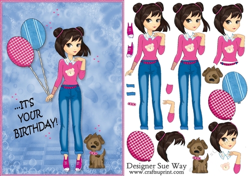 Its your Birthday! Fashion Girl & her Pup Card Front & Decoupage