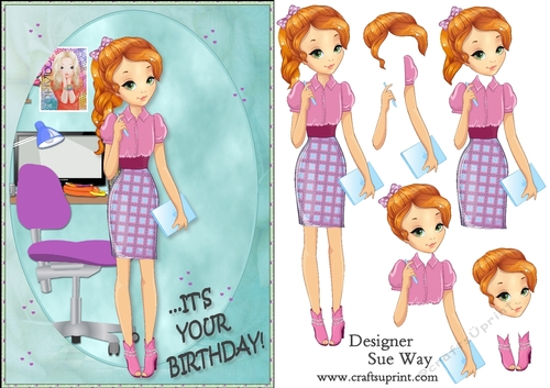 Its your Birthday! Fashion Girl Study Time Card Front & Decoupage