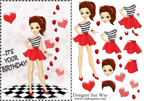 Its your Birthday! Fashion Girl Love Hearts Card Front & Decoupage