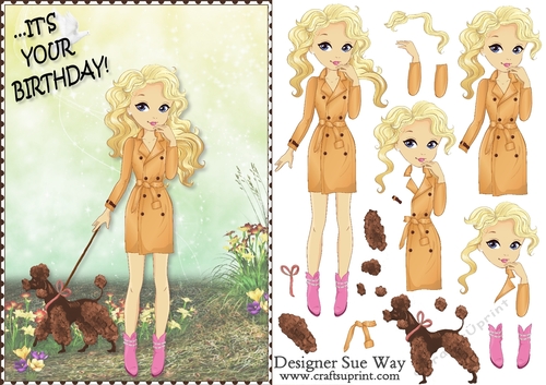 Its your Birthday! Fashion Girl Walking the Dog Card Front & Decoupage