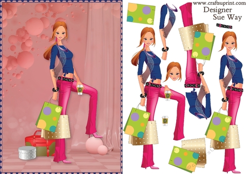 Shopping Girls! Pink Jeans & Coffee Card Front & Decoupage