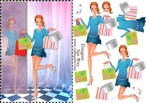 Shopping Girls! Silver Heels Card Front & Decoupage