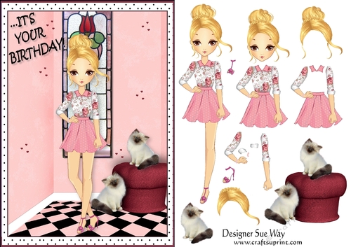 Its your Birthday! Fashion Girl Chillin with her Cats Card Front & Decoupage