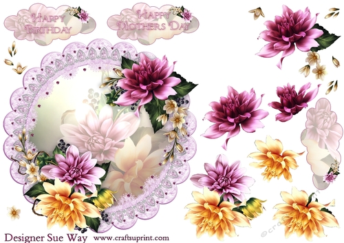 Pretty Ring of Dahlias Scalloped Round Topper and Decoupage